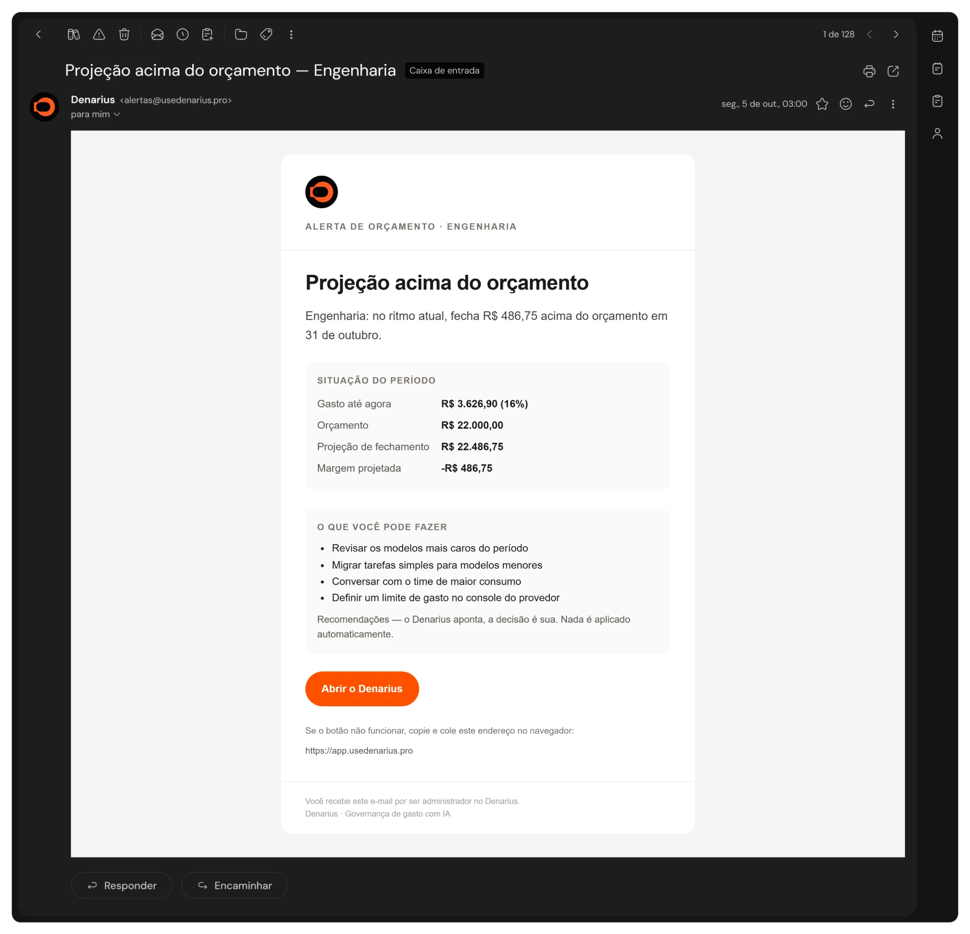 E-mail de alerta do Denarius para Engenharia: projeção acima do orçamento, fechando R$ 486,75 acima em 31 de outubro, com a situação do período e o que você pode fazer.